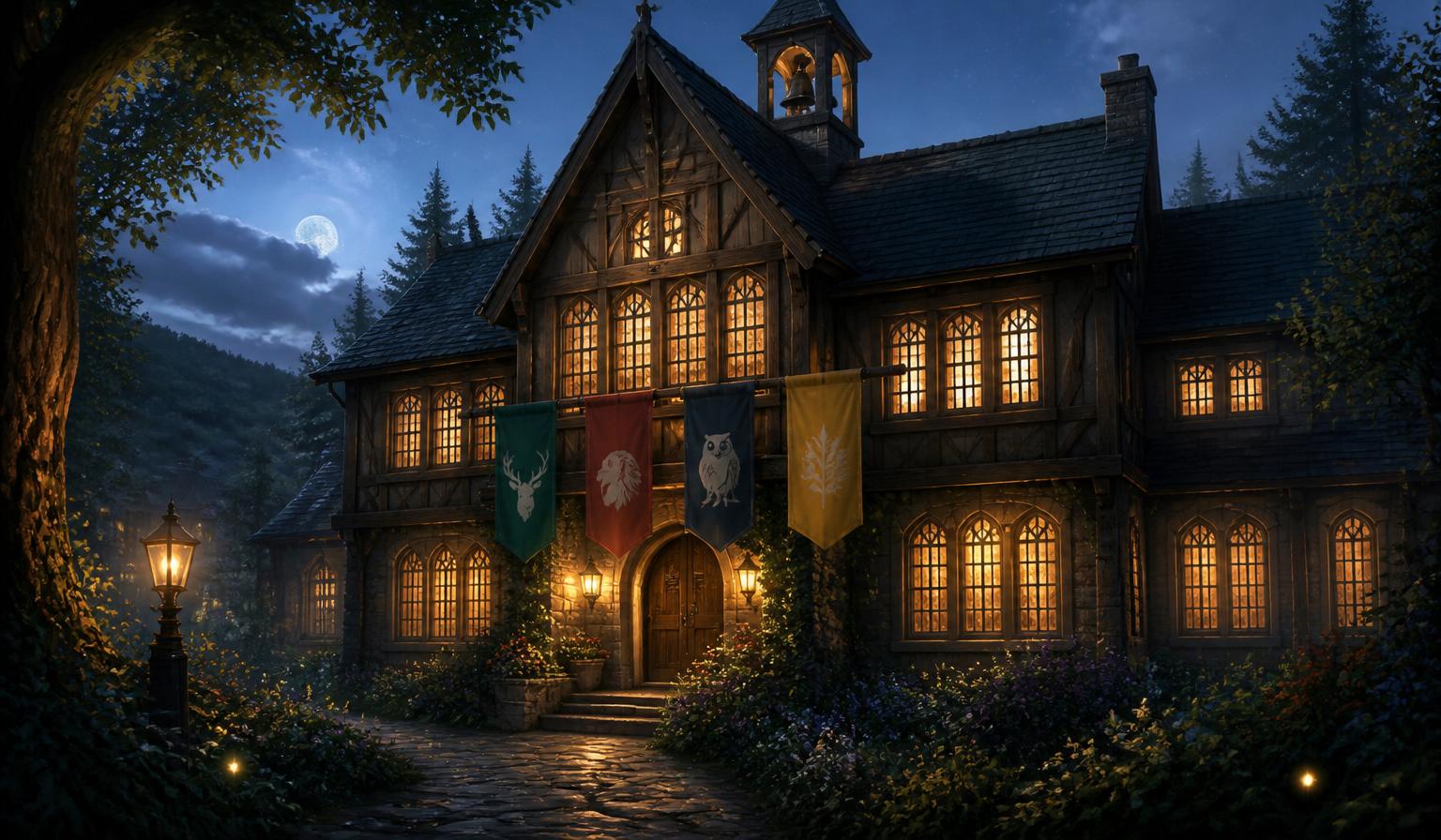 A lantern-lit doorway to Neverland Academy with the four house banners hanging above