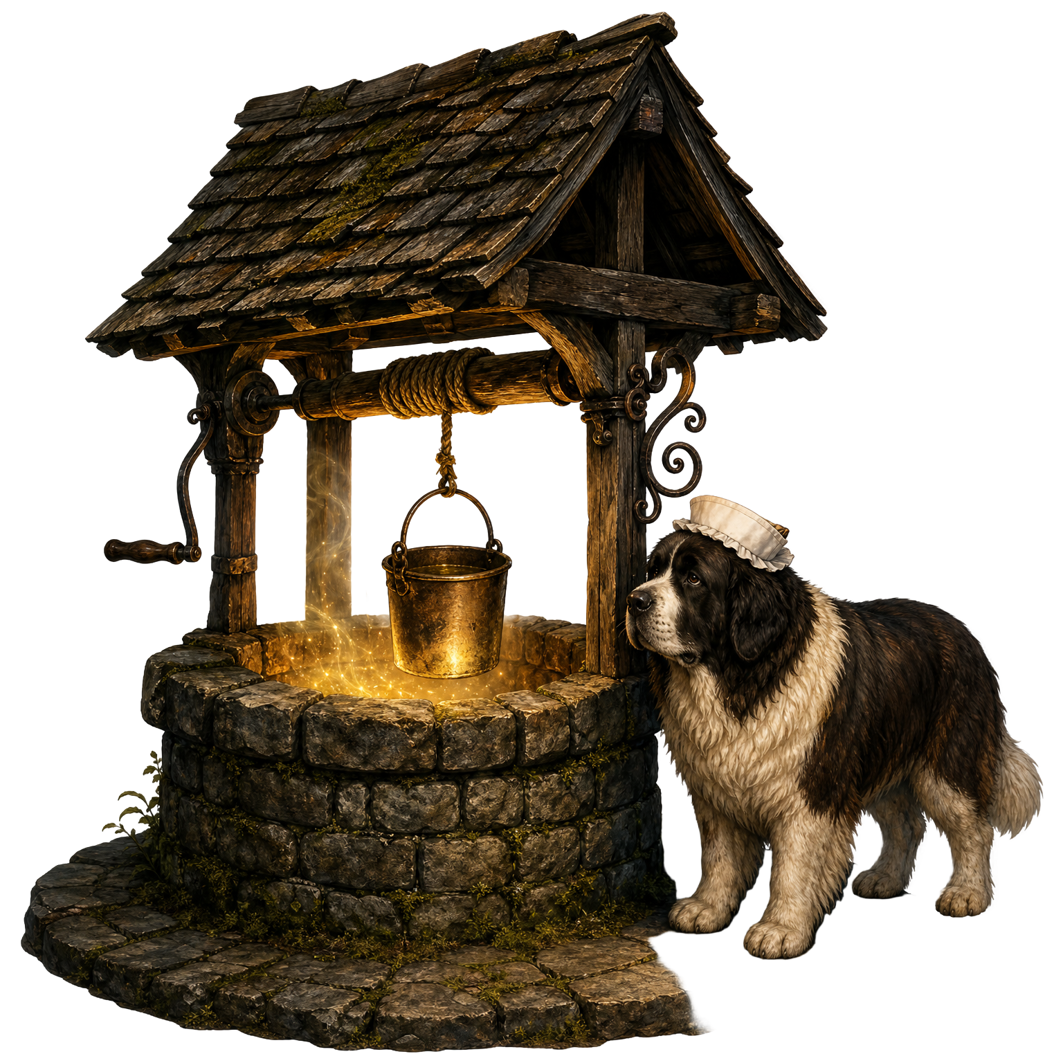 An ancient stone Well of Stars beside Nana the nurse dog