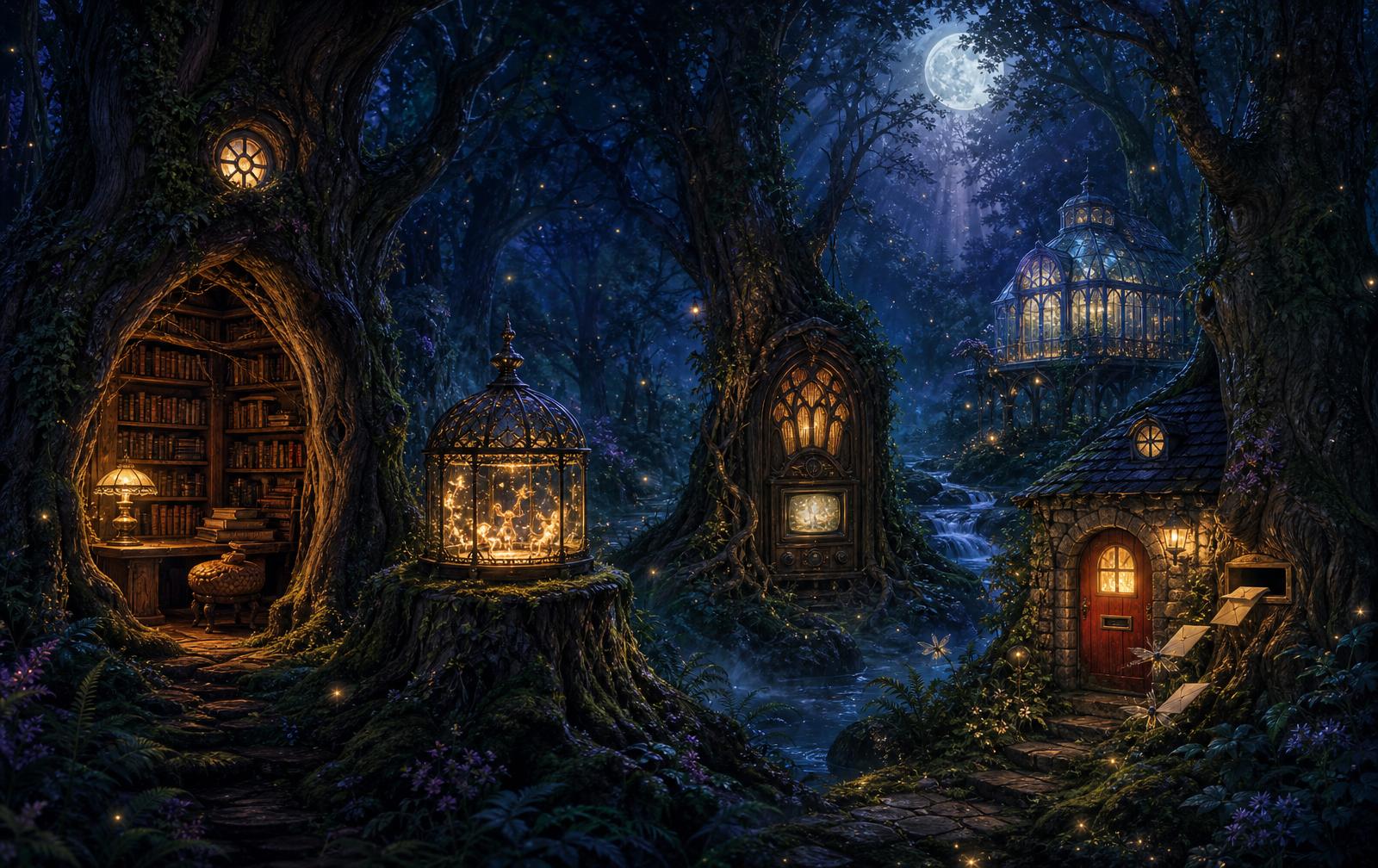 A moonlit forest glade with five glowing fairy houses — a hollow-tree library, a glass-dome ballroom on a stump, an old radio cabinet Fairy TV, a stone post office with a red door, and a glass greenhouse Moonbath over a silver stream.